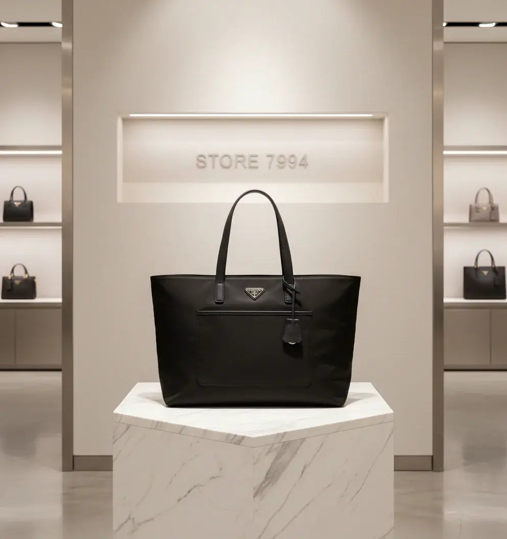 Black Prada tote bag on a white background