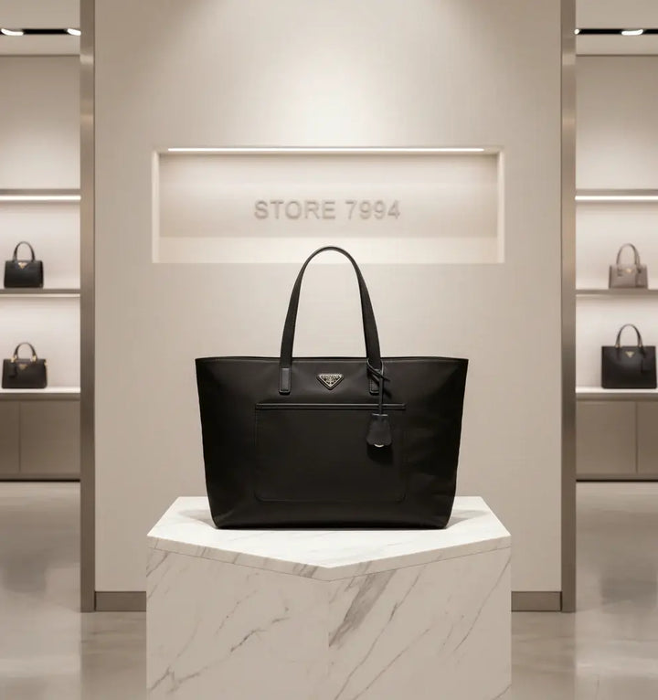 Black Prada tote bag on a white background