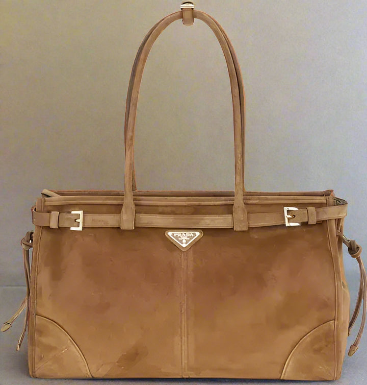 Brown leather handbag with a visible brand logo on a white background
