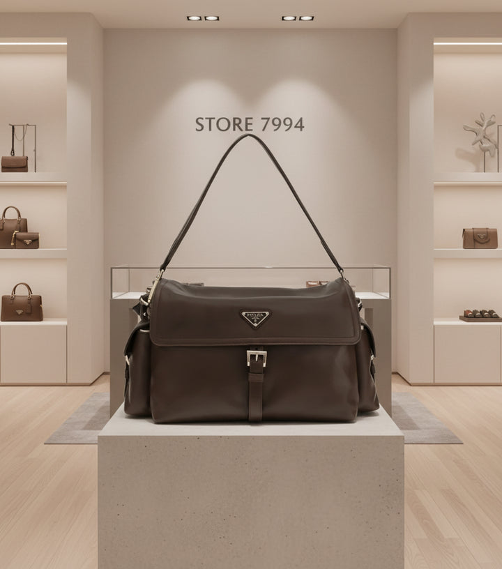 Brown Prada handbag with a visible logo on a white background