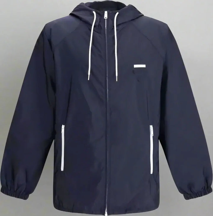 Navy blue raincoat with white zippers on a white background