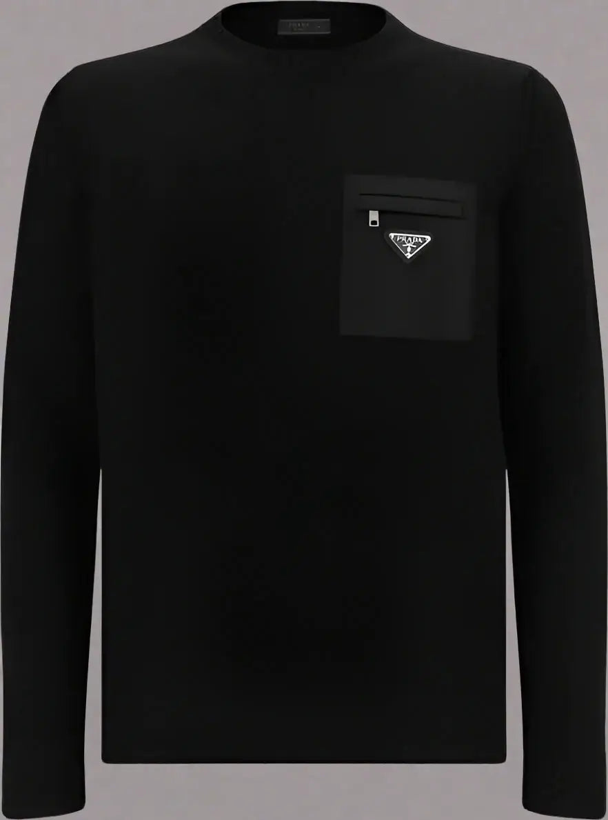 Black long-sleeve shirt with a brand logo on a white background
