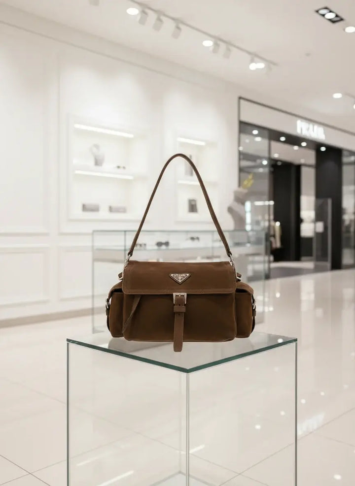 Brown Prada handbag on a white background