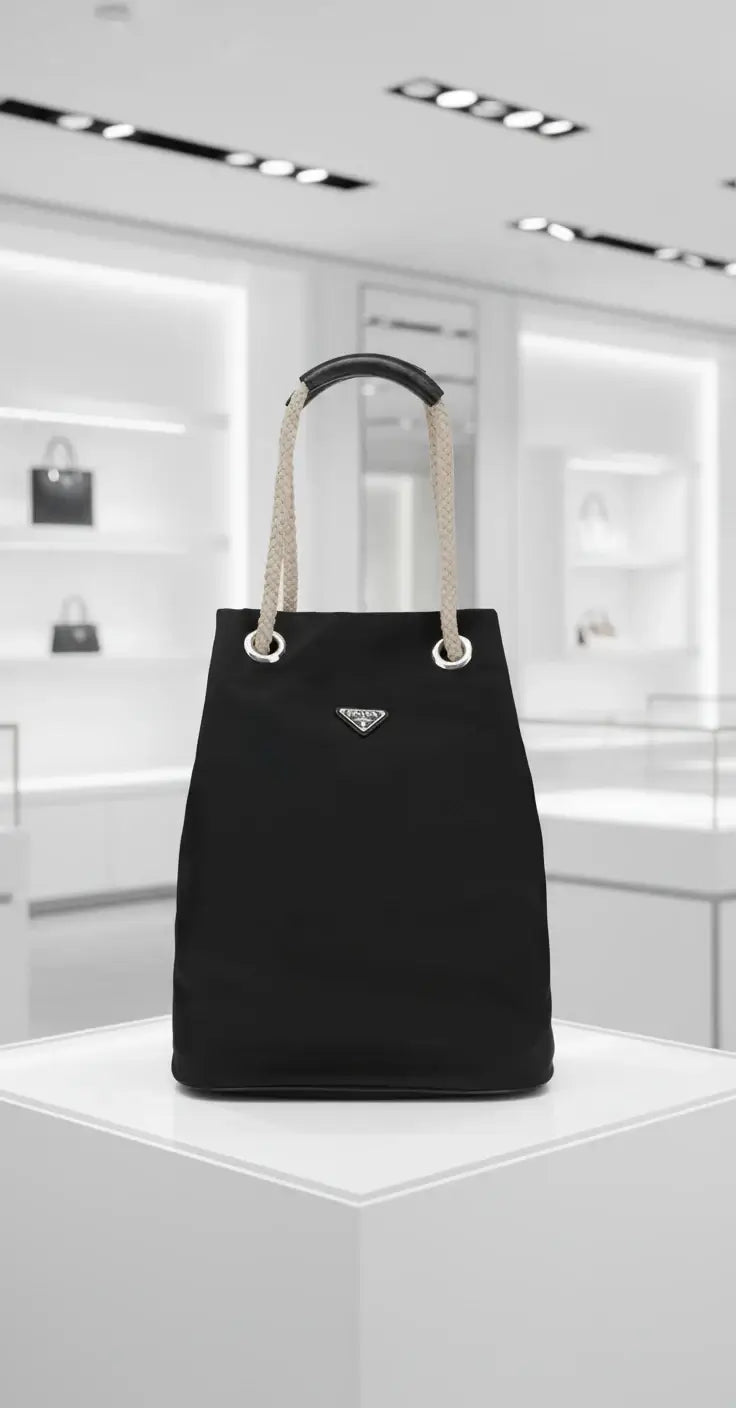 Black tote bag with rope handles and Prada logo on a white background