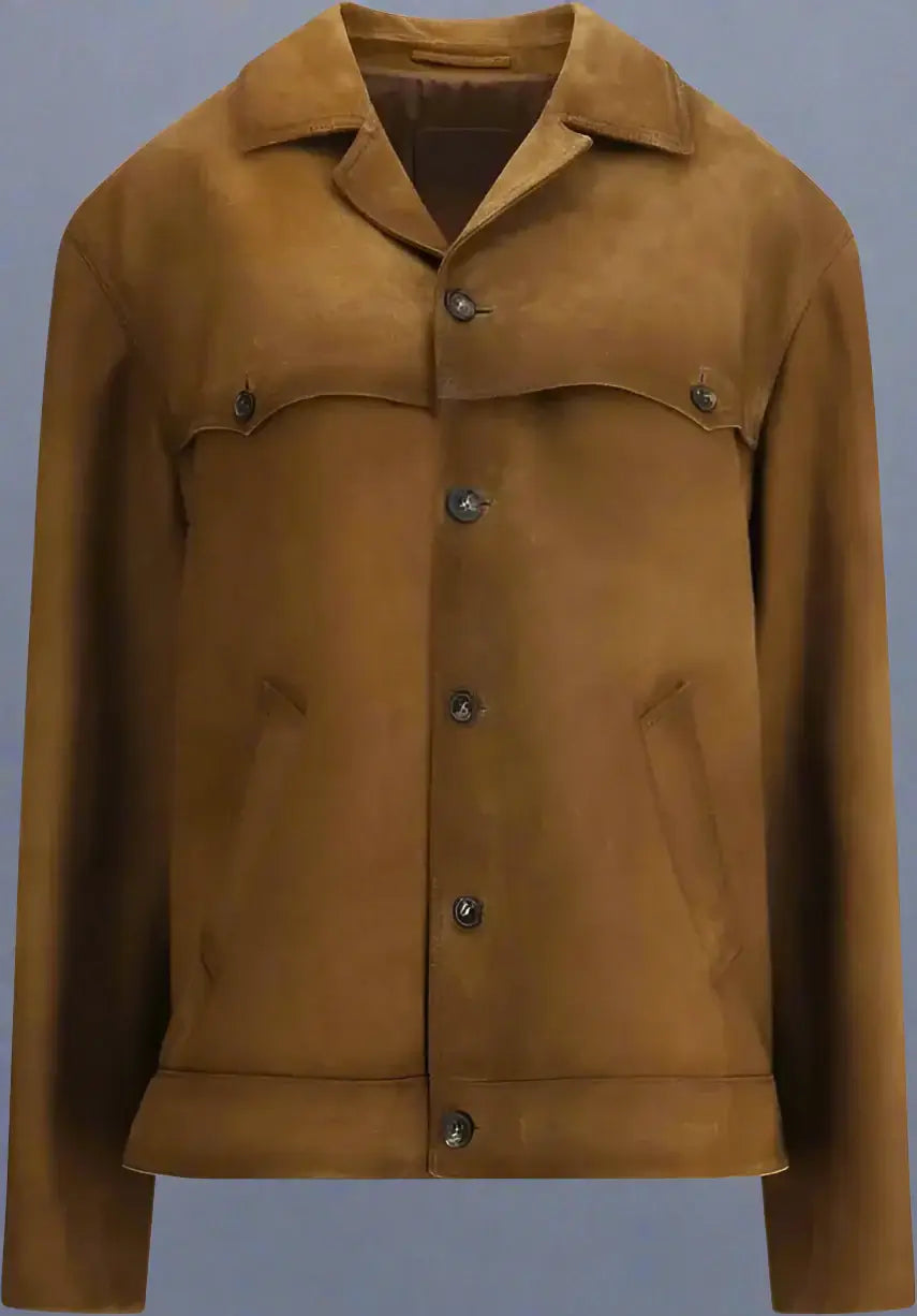 Brown suede jacket with button details on a white background