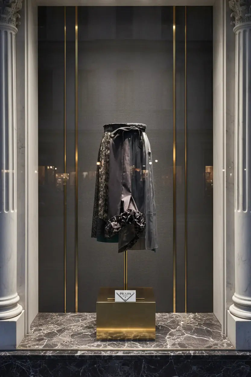 Dark gray skirt with floral lace overlay and ruffled details on a white background