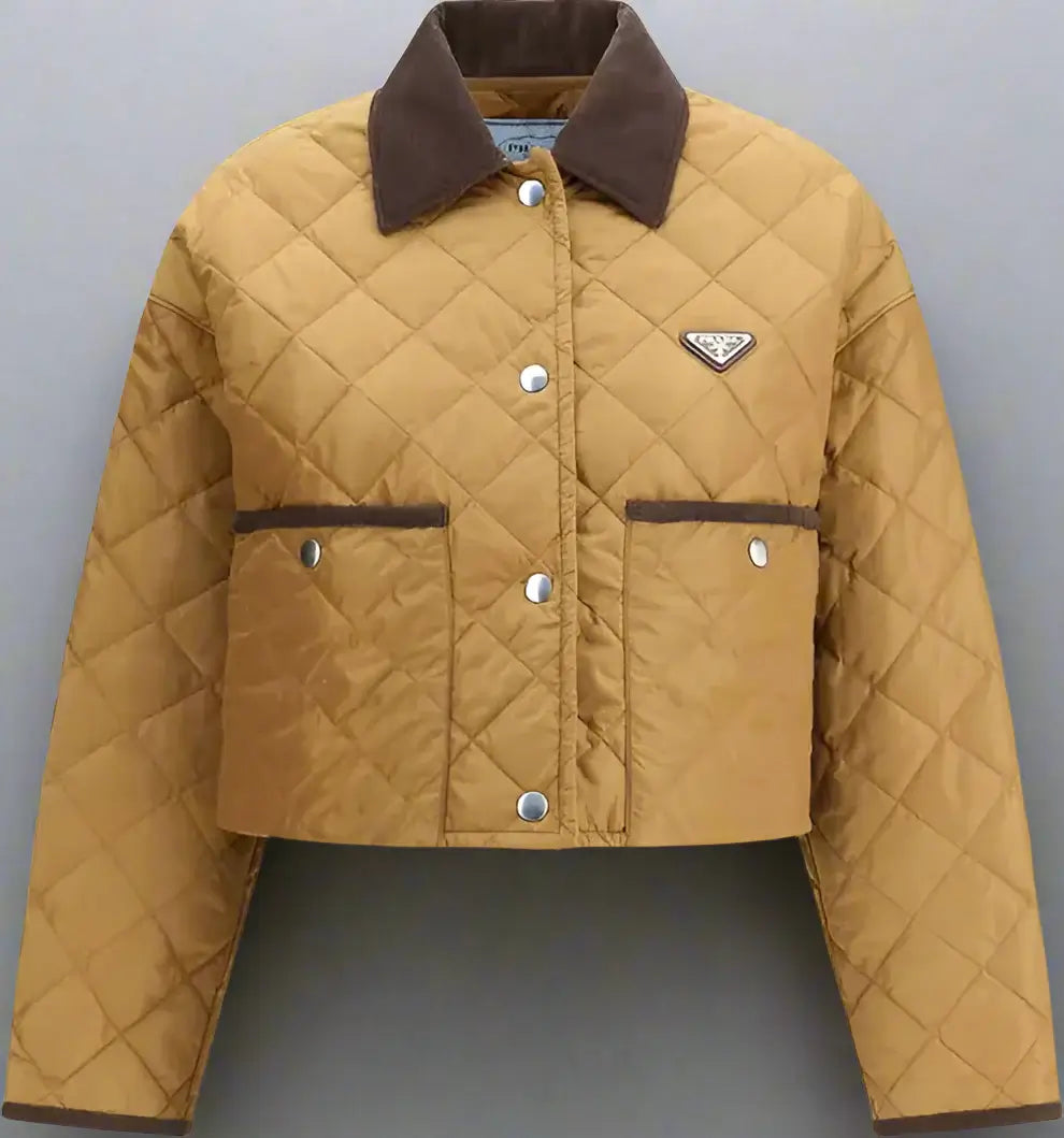 Quilted jacket with brown collar and Prada logo on a white background