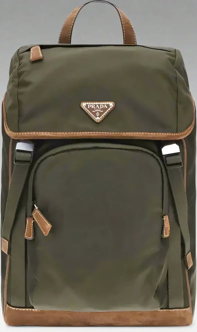 Green backpack with brown accents and Prada logo on a white background