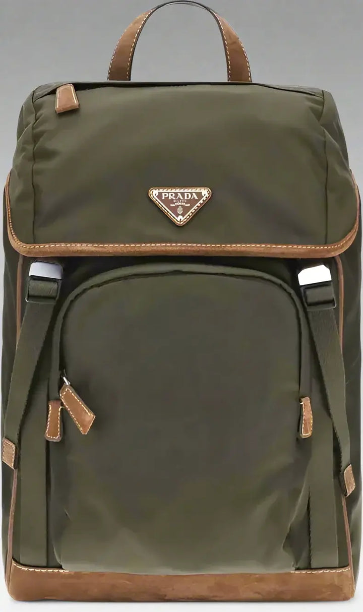 Green backpack with brown accents and Prada logo on a white background