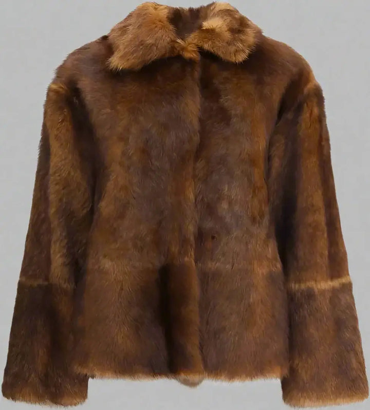 Brown fur coat with a collar on a white background