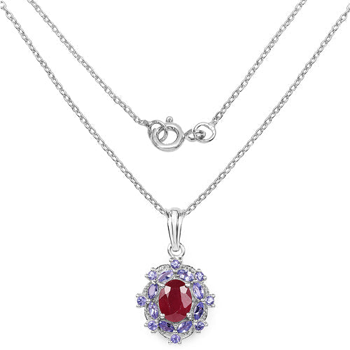 3.22 Carat Genuine Glass Filled Ruby &amp; Tanzanite .925 Sterling Silver Pendant