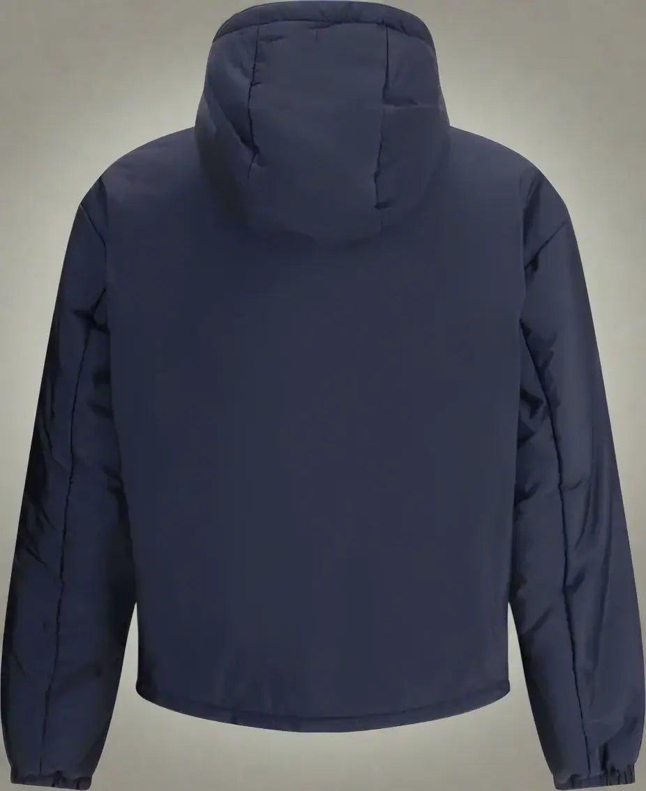 Navy blue jacket with a hood on a white background