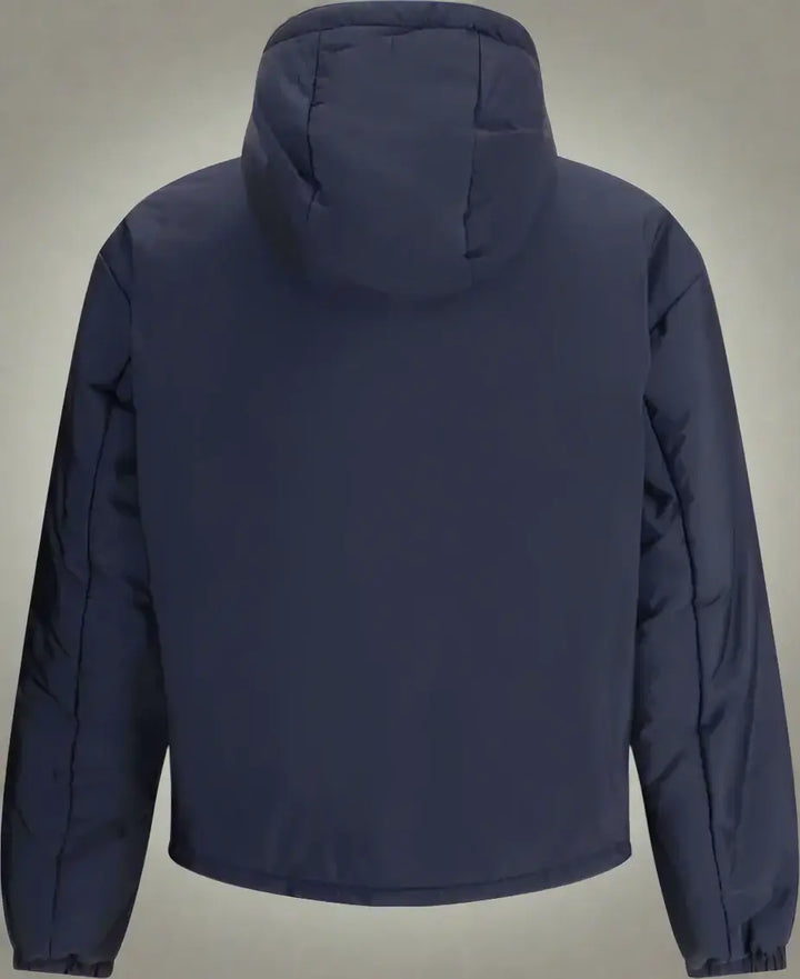 Navy blue jacket with a hood on a white background