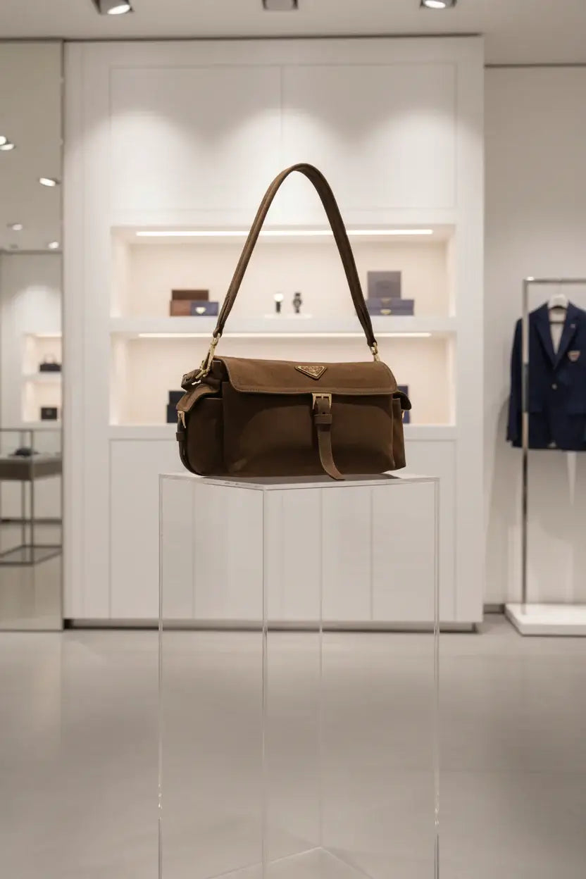 Brown leather handbag with a Prada logo on a white background