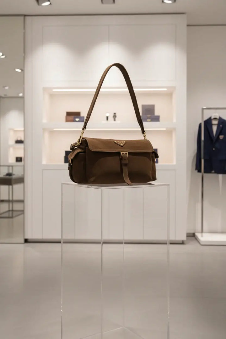 Brown leather handbag with a Prada logo on a white background