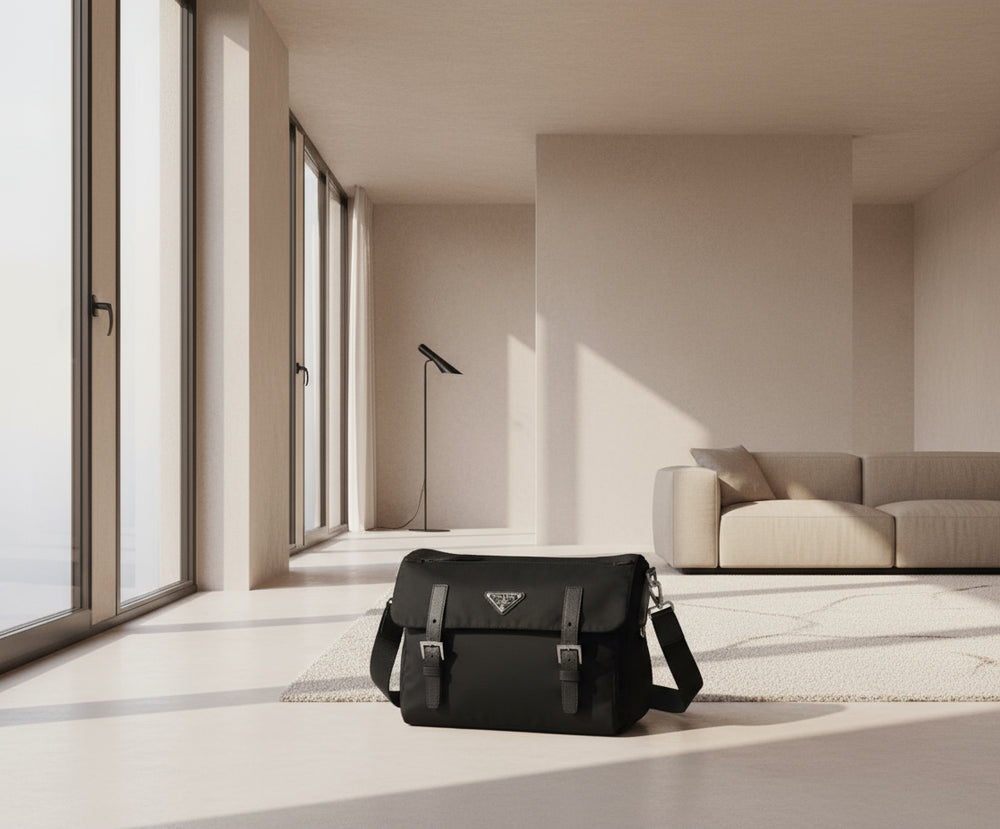 Black Prada bag with a visible logo on a white background