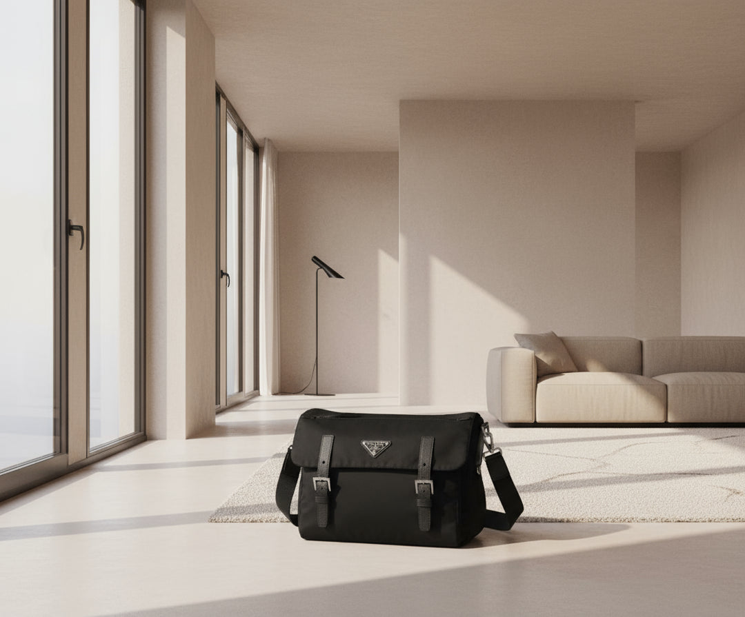 Black Prada bag with a visible logo on a white background