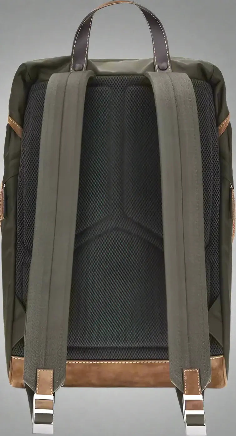 Green backpack with brown accents on a white background