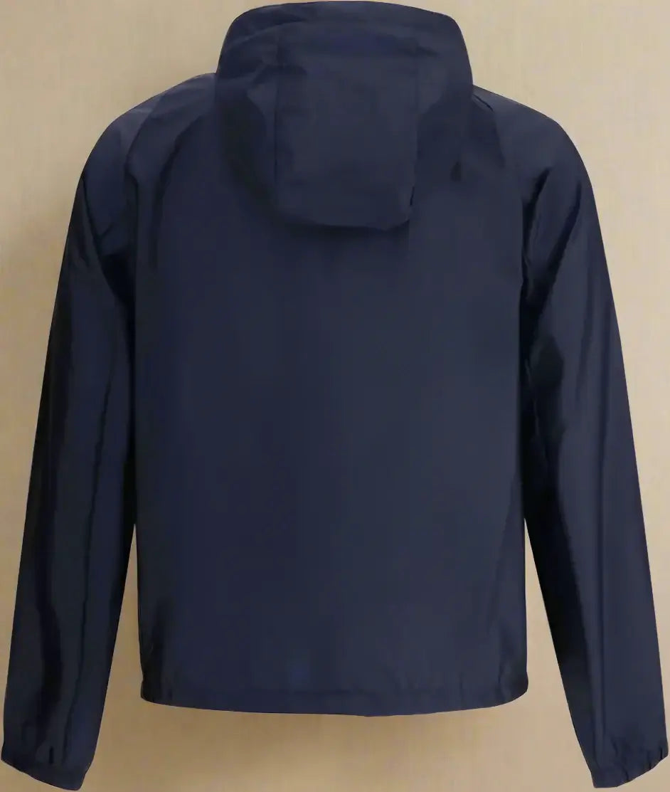 Navy blue jacket with a hood on a white background