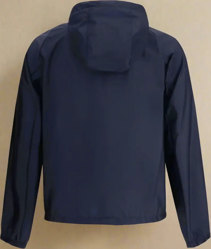 Navy blue jacket with a hood on a white background