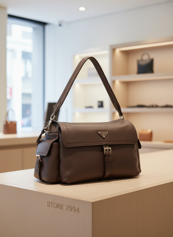 Brown leather handbag with Prada logo on a white background