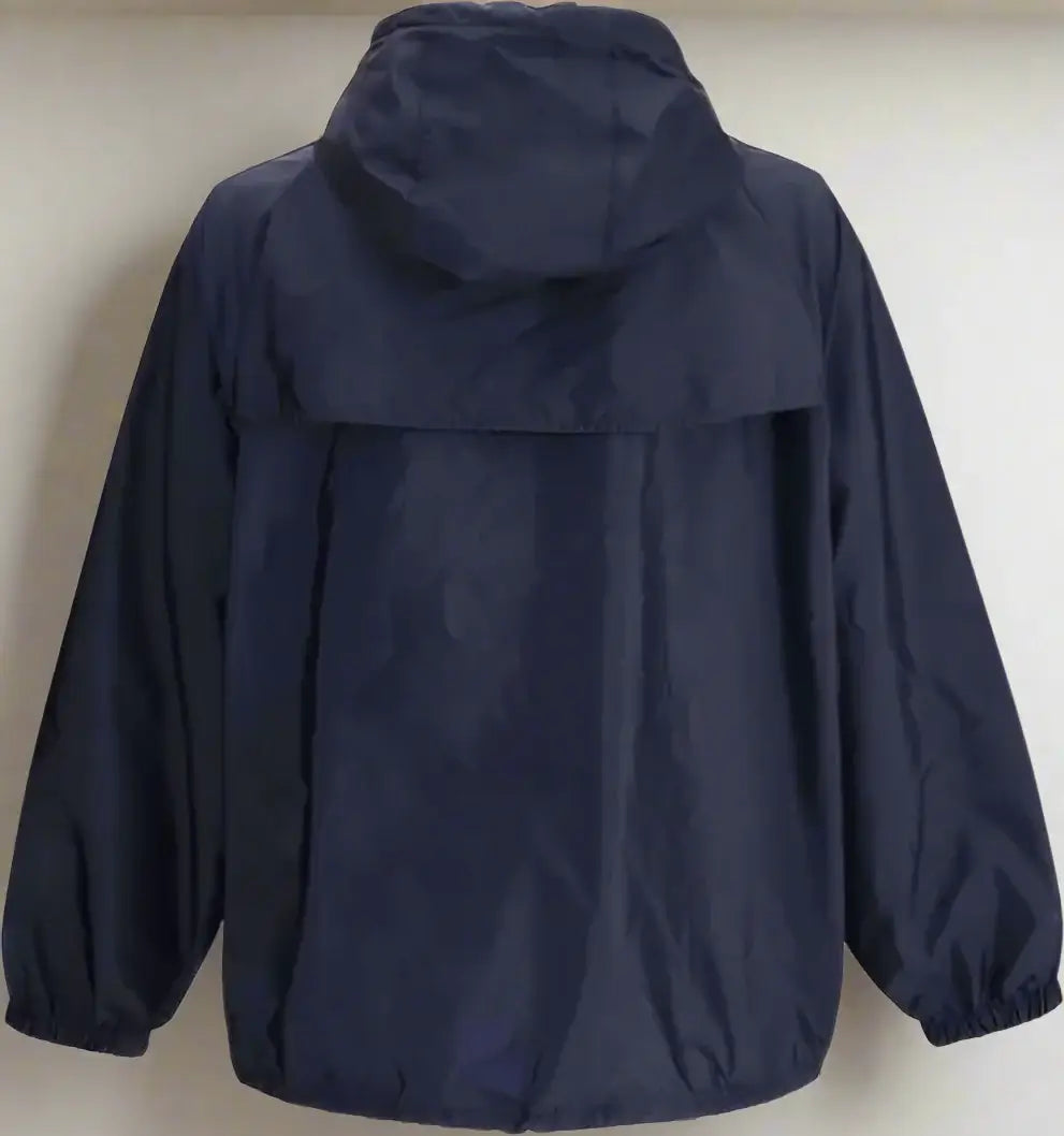 Navy blue raincoat with a hood on a white background