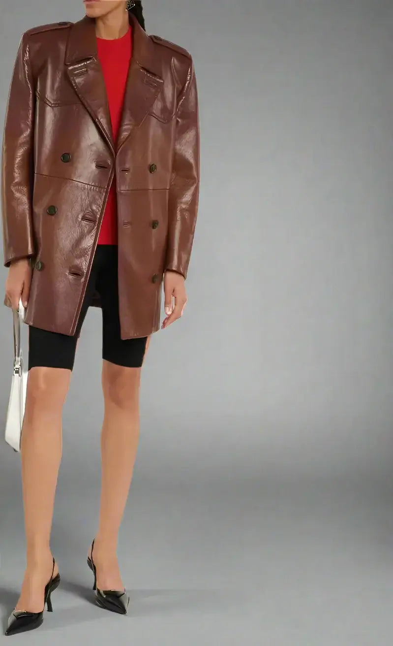 PRADA women's brown Leather double breasted Coat