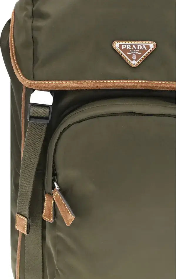 Green Prada backpack with brown accents