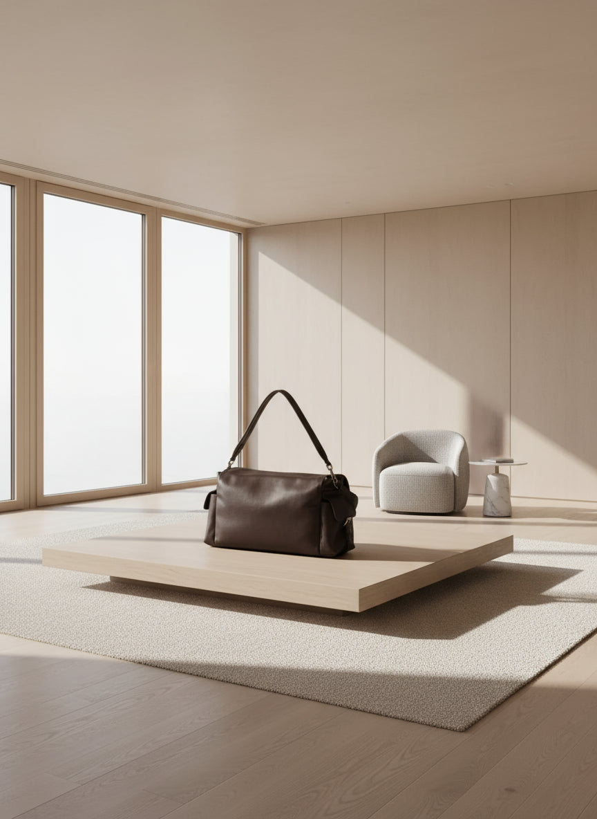 Brown shoulder bag with a strap on a white background