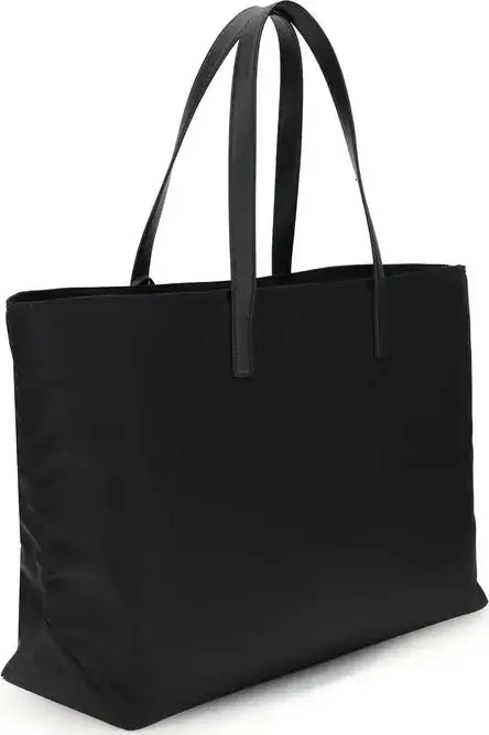 Black tote bag with handles on a white background