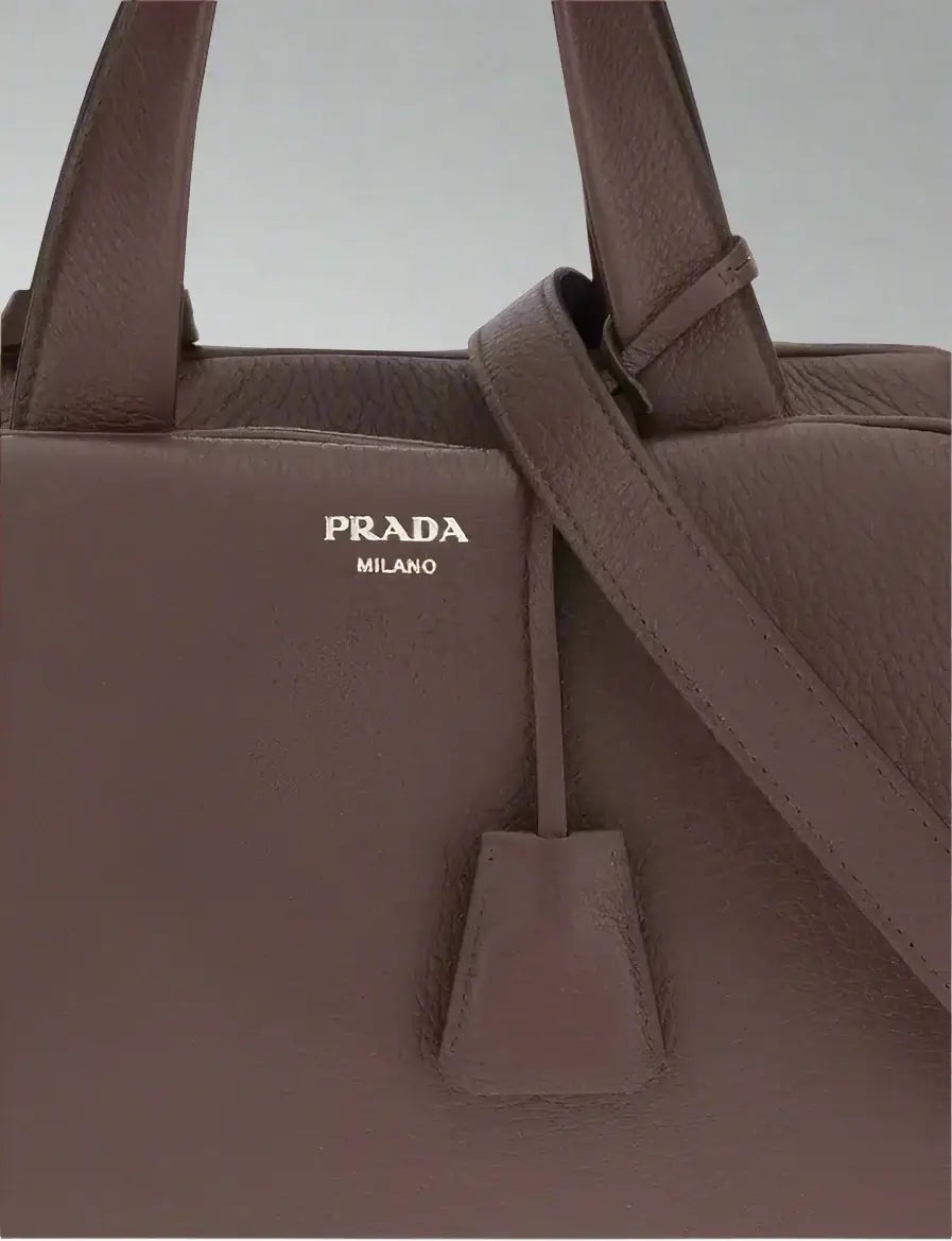 Brown Prada handbag with visible logo on a white background