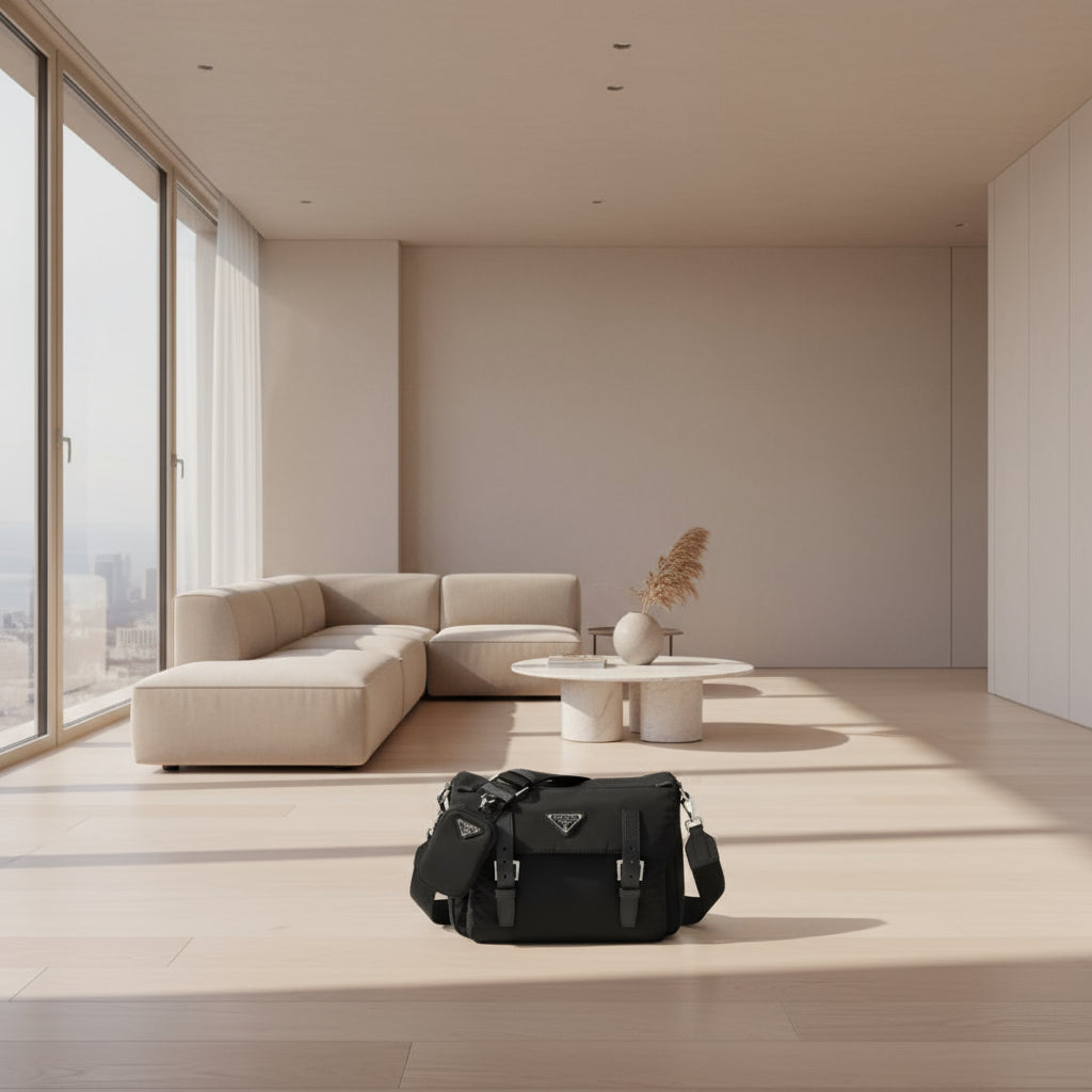 Black Prada bag with a strap on a white background