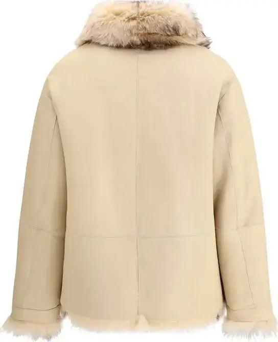 Beige coat with fur trim on a white background