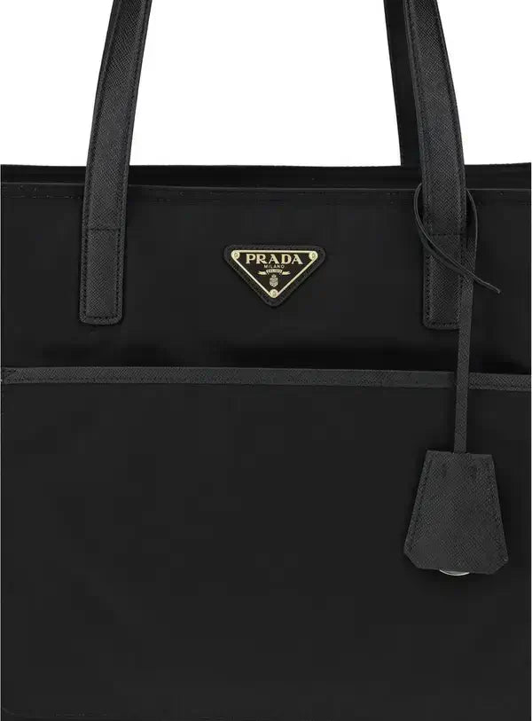 Black Prada tote bag with logo on a white background