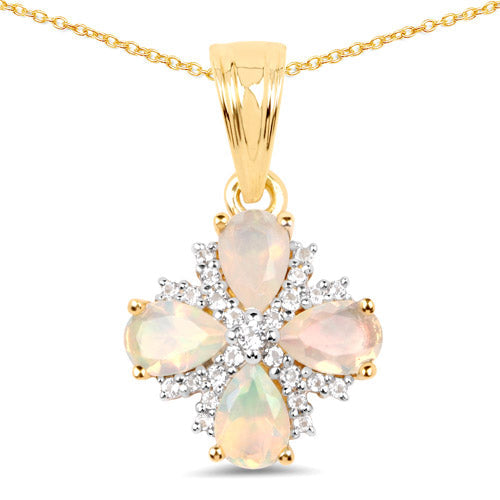 14K Yellow Gold Plated 1.19 Carat Genuine Ethiopian Opal and White Topaz .925 Sterling Silver Pendant