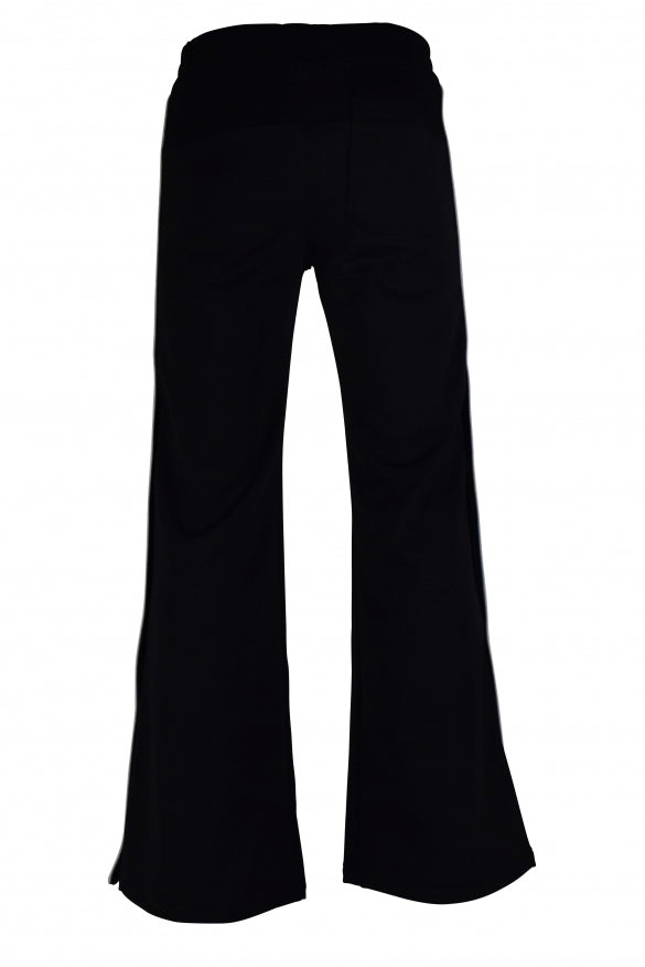 Black bell-bottom pants on a white background