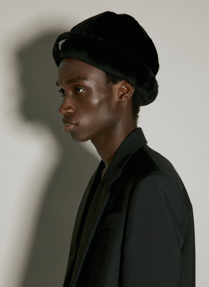 Prada Men Logo Plaque Shearling Hat