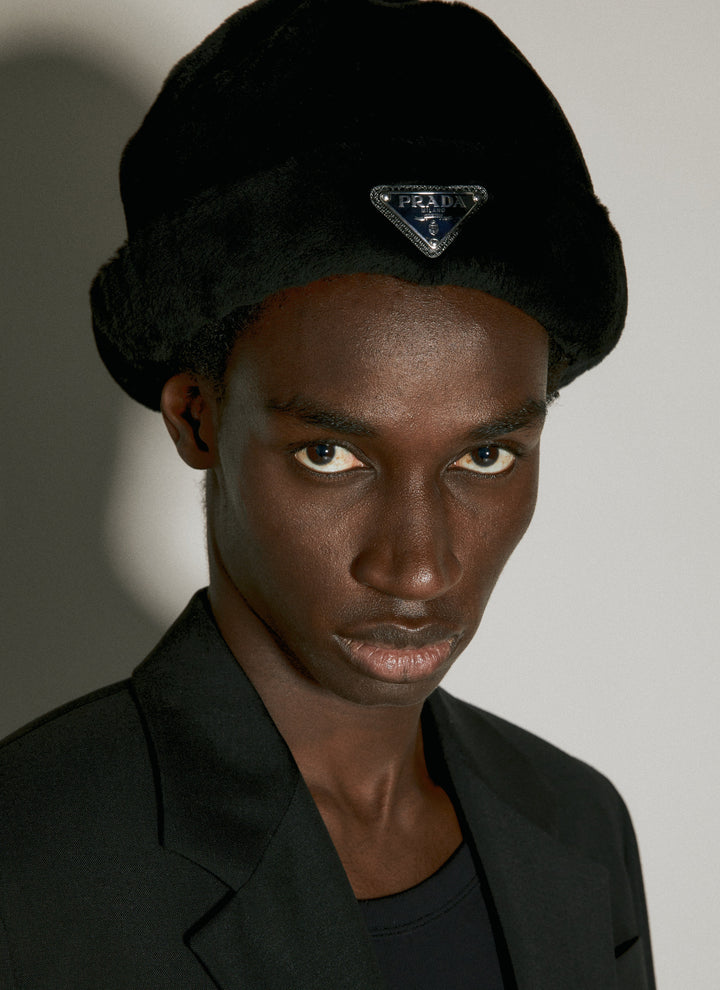 Prada Men Logo Plaque Shearling Hat