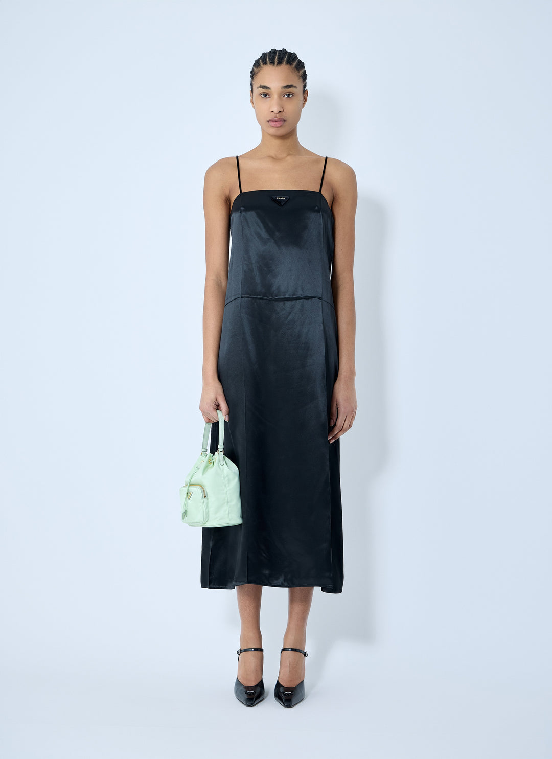Prada Women Satin Logo Patch Midi Dress