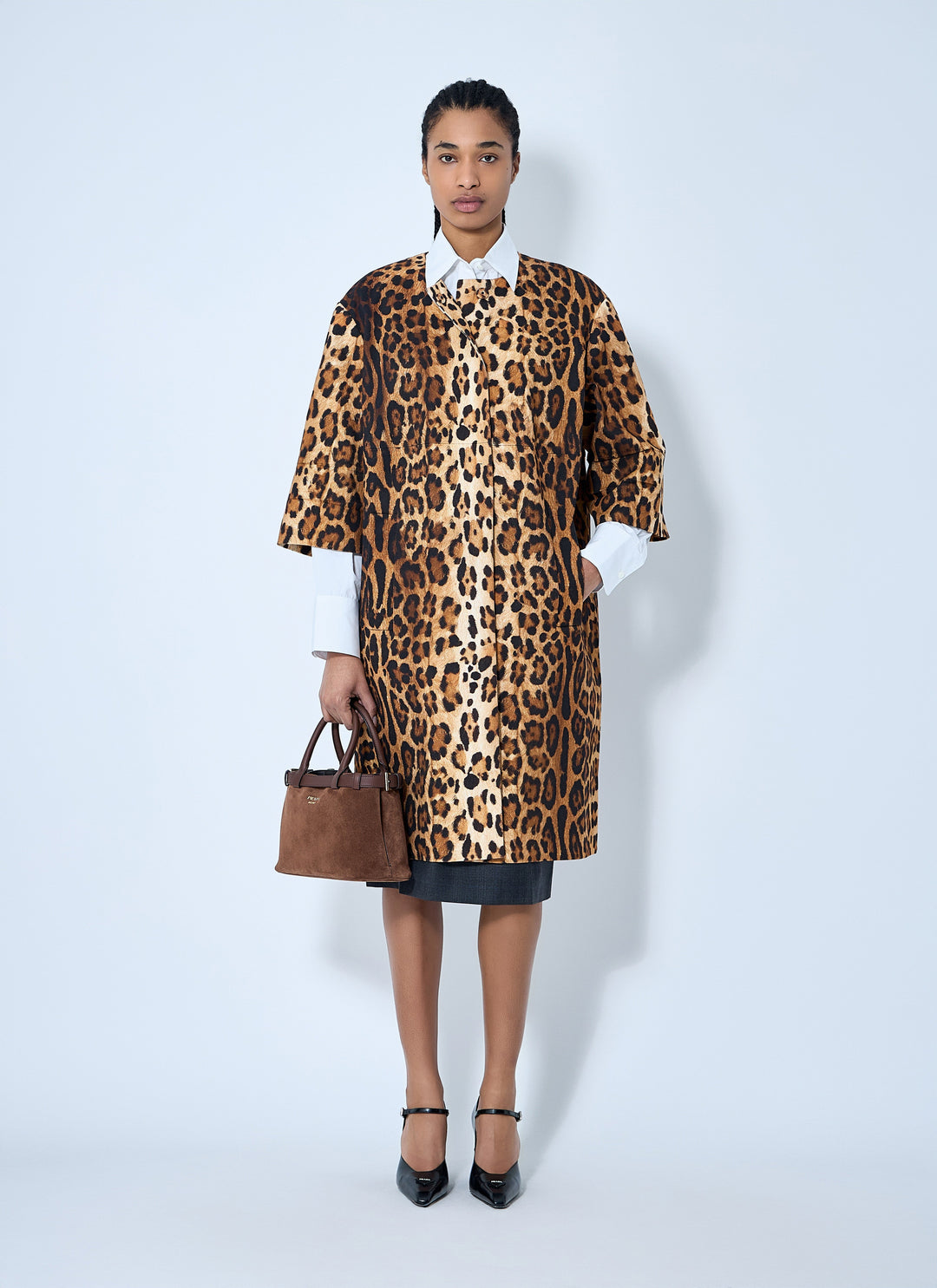 Prada Women Single-Breasted Leopard Print Drill Coat