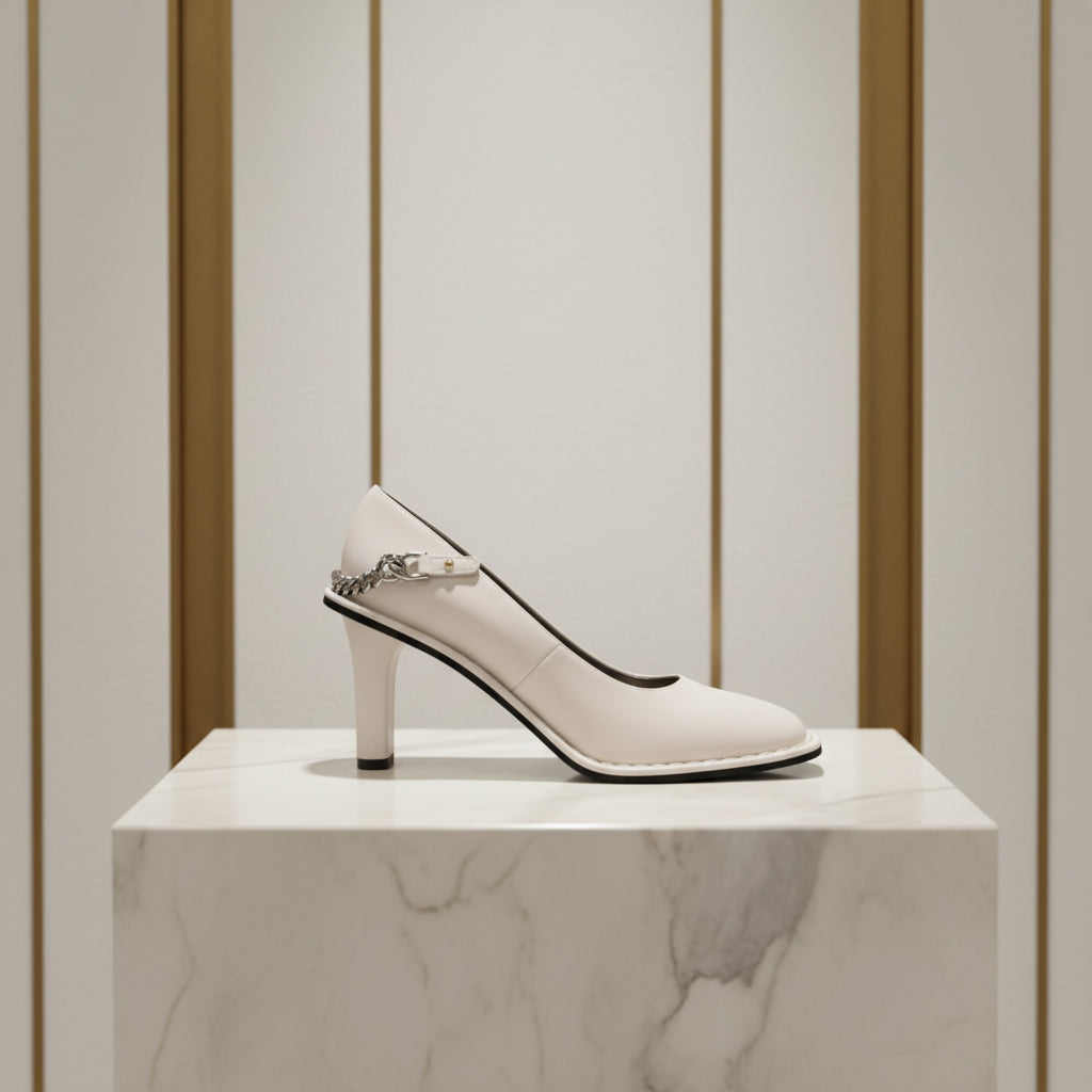 White high-heeled shoe with a decorative chain on a white background