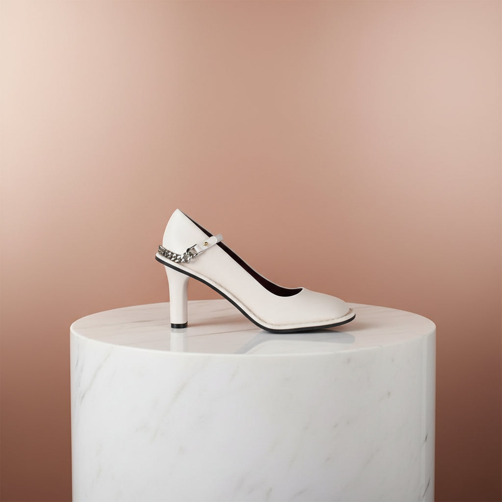 White high-heeled shoe with chain detail on a white background