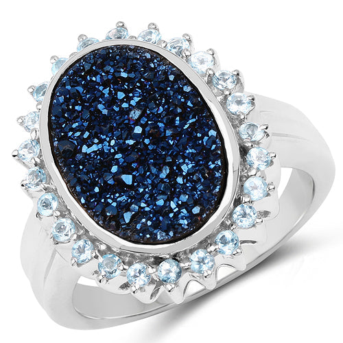 3.68 Carat Genuine Cobalt Blue Drusy &amp; Swiss Blue Topaz .925 Sterling Silver Ring