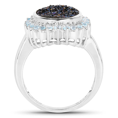 3.68 Carat Genuine Cobalt Blue Drusy &amp; Swiss Blue Topaz .925 Sterling Silver Ring