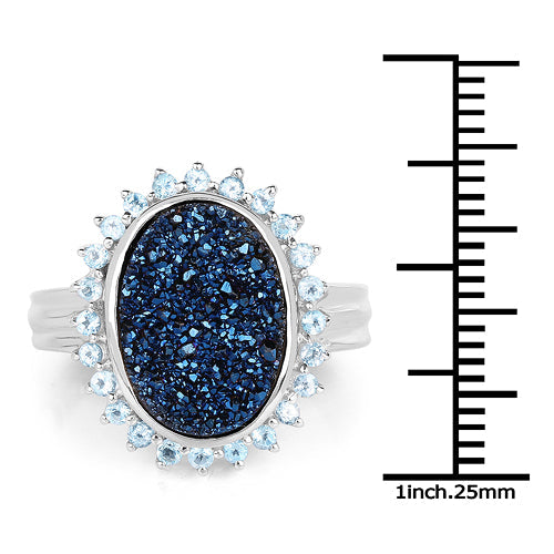 3.68 Carat Genuine Cobalt Blue Drusy &amp; Swiss Blue Topaz .925 Sterling Silver Ring