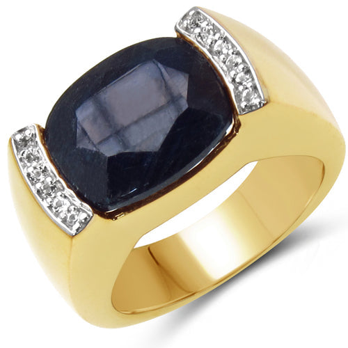 14K Yellow Gold Plated 9.07 Carat Genuine Sapphire &amp; White Topaz .925 Sterling Silver Ring