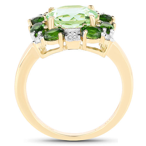 14K Yellow Gold Plated 5.36 Carat Genuine Green Amethyst, Chrome Diopside &amp; White Topaz .925 Sterling Silver Ring