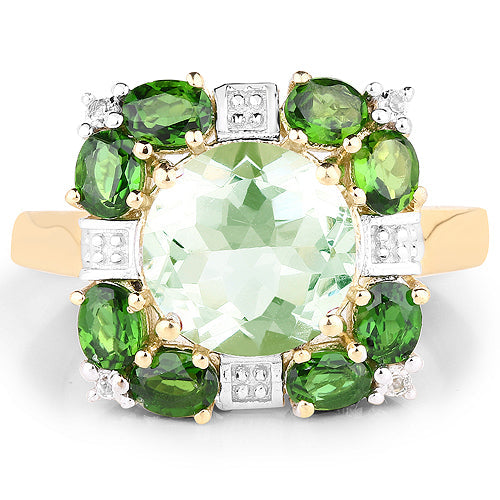 14K Yellow Gold Plated 5.36 Carat Genuine Green Amethyst, Chrome Diopside &amp; White Topaz .925 Sterling Silver Ring