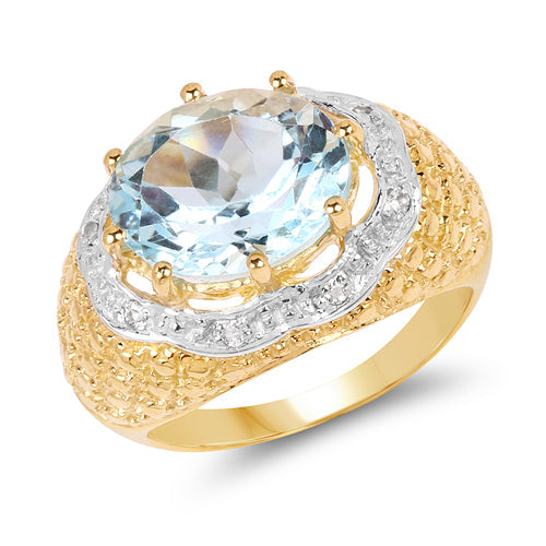 14K Yellow Gold Plated 5.27 Carat Genuine Blue Topaz &amp; White Topaz .925 Sterling Silver Ring