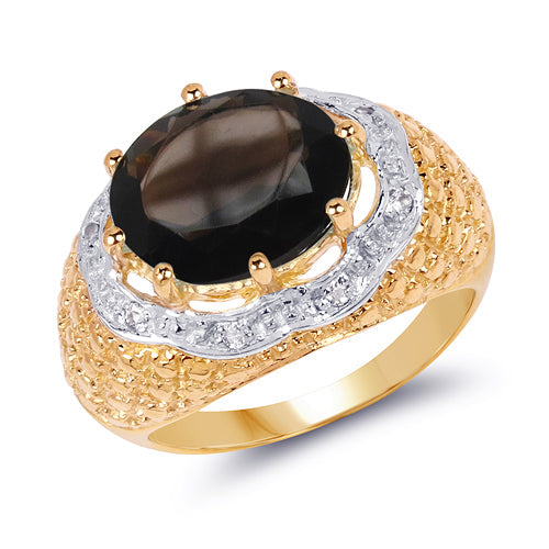 14K Yellow Gold Plated 4.73 Carat Genuine Smoky Quartz &amp; White Topaz .925 Sterling Silver Ring